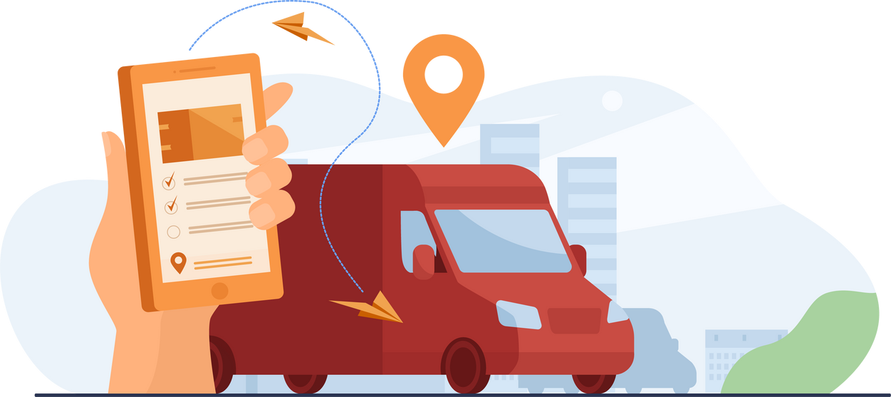 Customer using mobile app for tracking order delivery. Human hand with smartphone and courier van on street with map pointer above. Illustration for gps, logistics, service concept